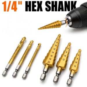 Titanium step drill bit and saw drill set with a 1/4 inch hex shank